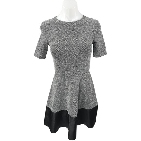 Aqua Gray Tweed Faux Leather Hem Short Sleeve Mini A-Line Fit & Flare Dress Sz S - Picture 1 of 3